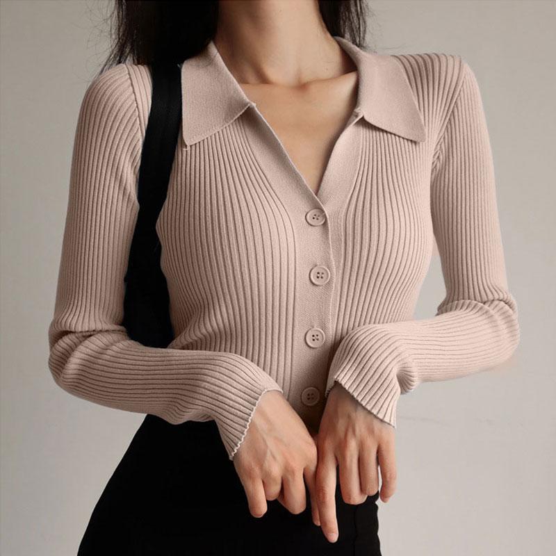 Seraphine ribbed button down cardigan in beige, close-up front view