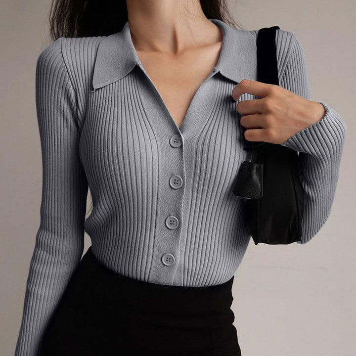 Seraphine ribbed button down cardigan in beige, close-up front view