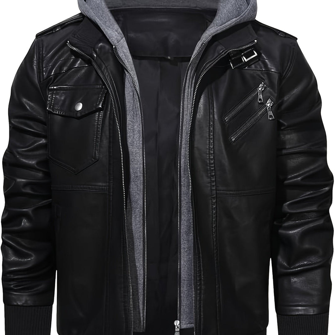 Silas hooded moto bomber jacket, front view unzipped showing removable hood and lining