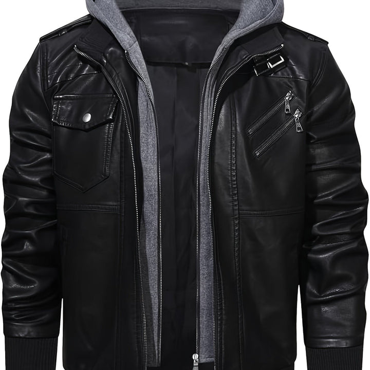 Silas hooded moto bomber jacket, front view unzipped showing removable hood and lining