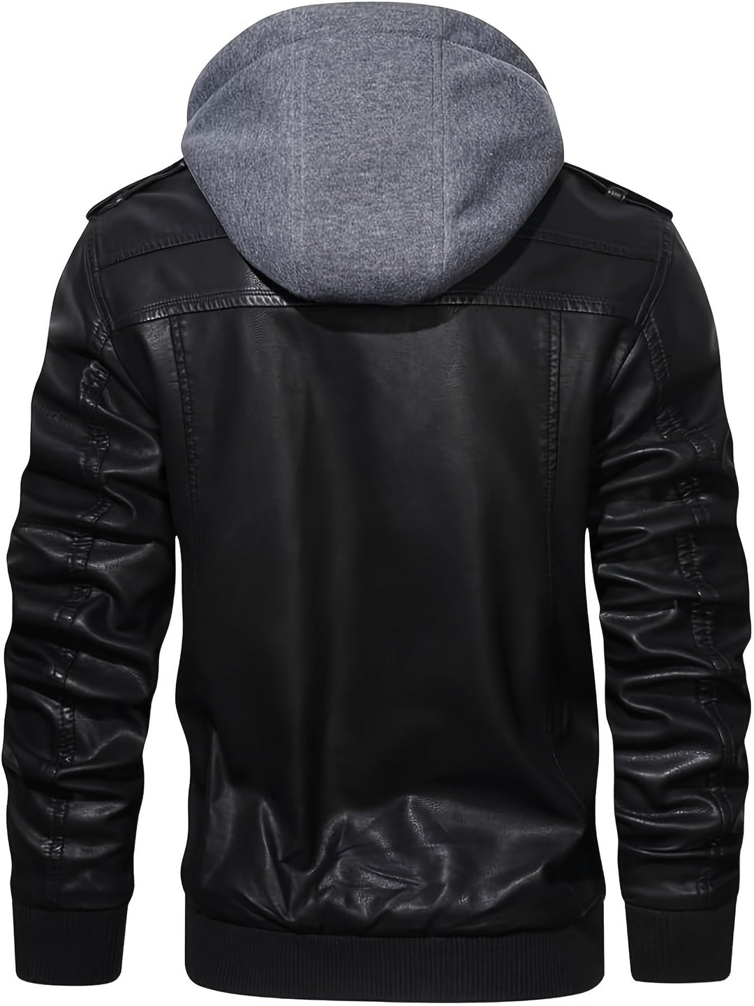 Silas hooded moto bomber jacket, back view with hood attached