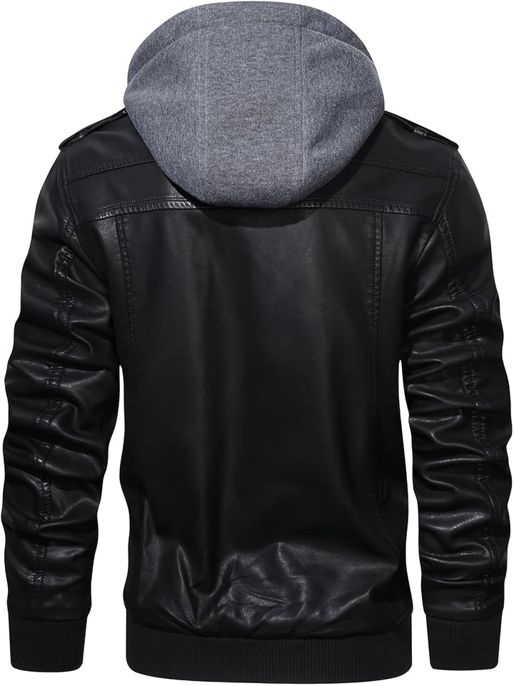Silas hooded moto bomber jacket, back view with hood attached