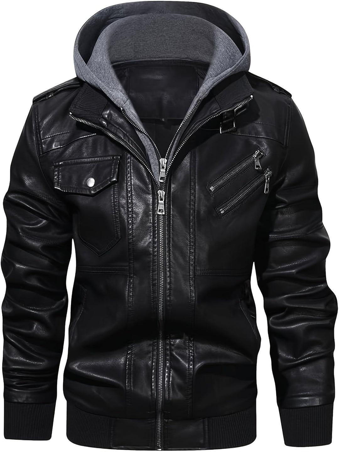 Silas hooded moto bomber jacket, front view zipped with hood up