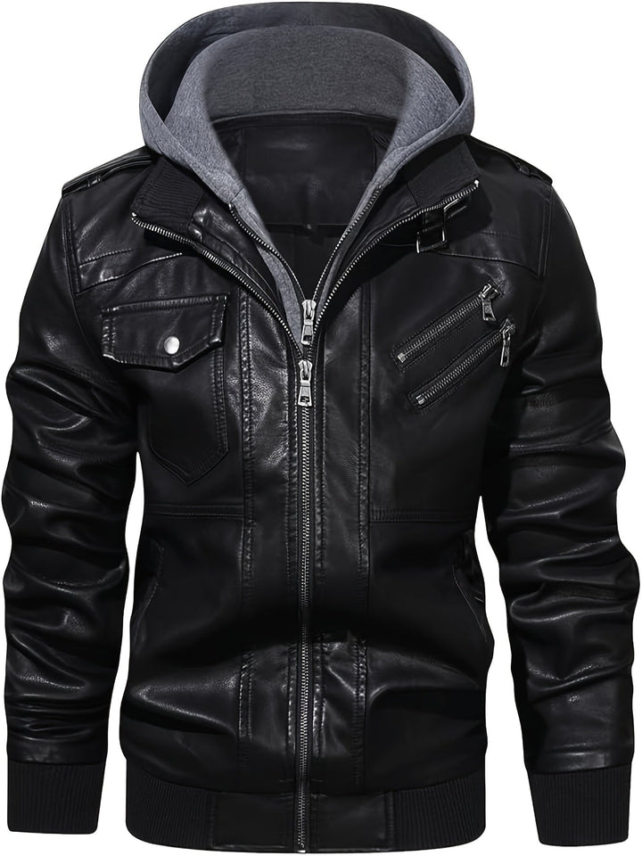 Silas hooded moto bomber jacket, front view zipped with hood up