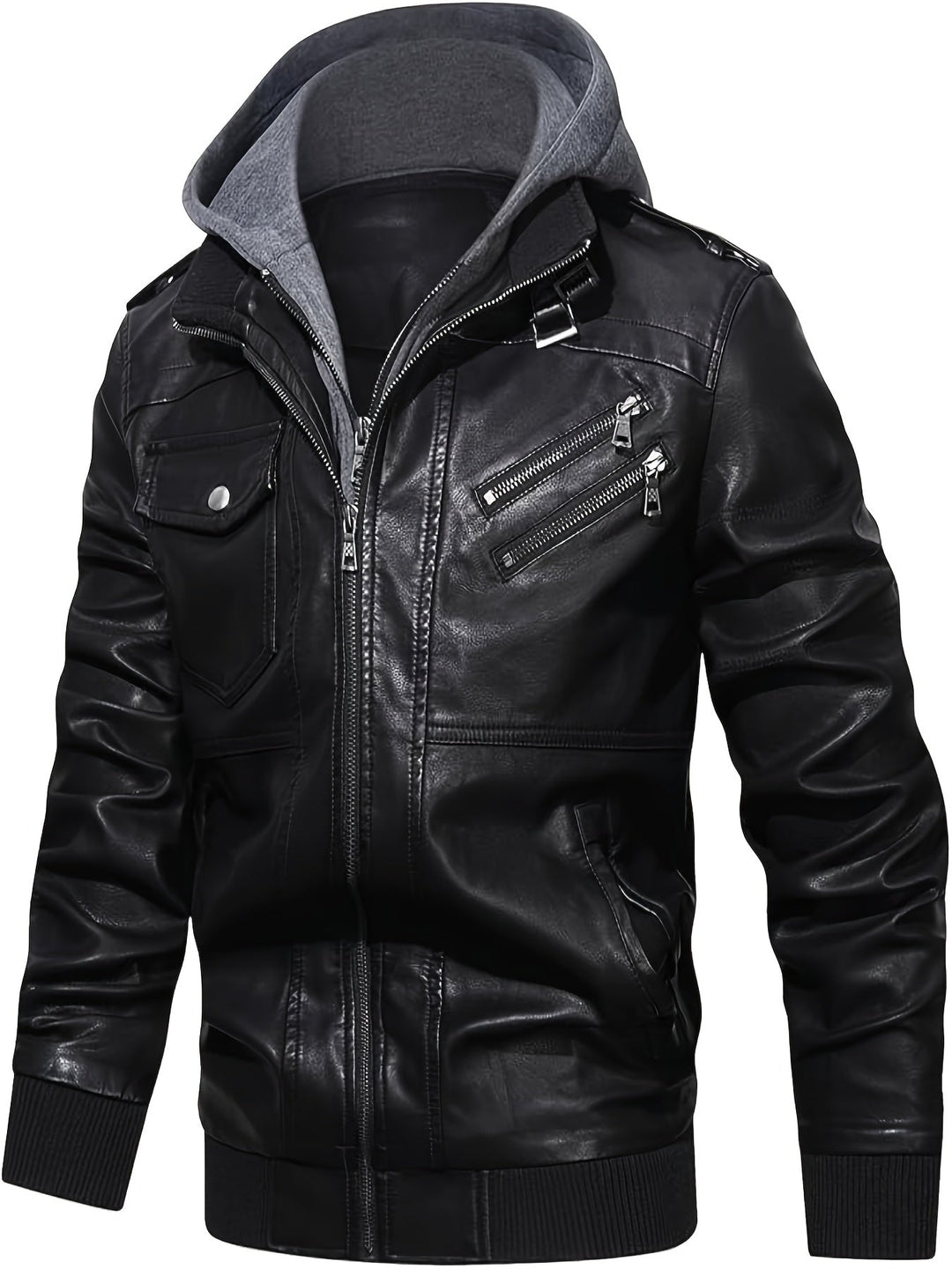 Silas hooded moto bomber jacket, side angle view with hood up