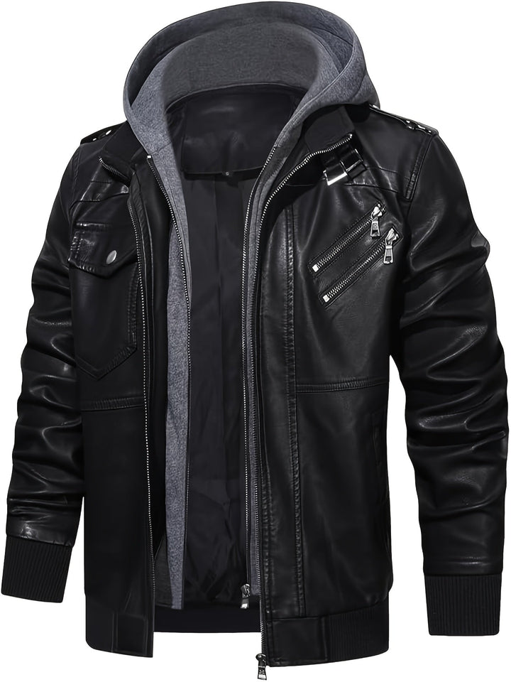 Silas hooded moto bomber jacket, front angle view showing zip pockets