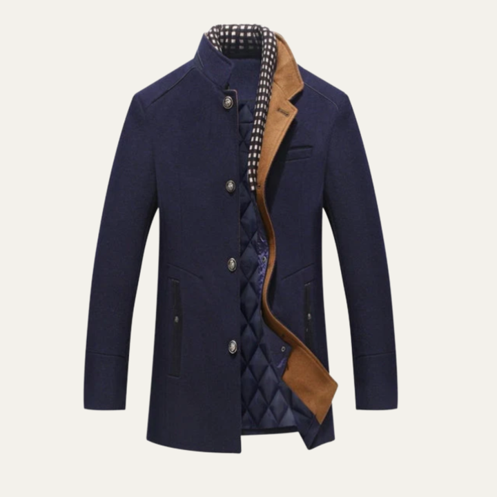 Sterling navy stand collar wool coat with quilted lining, front view open
