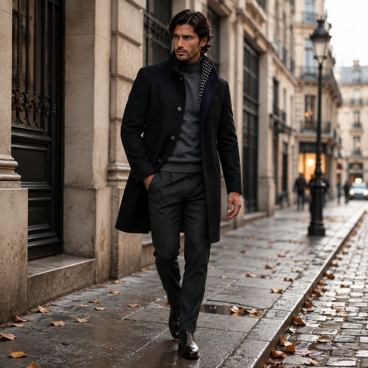 Man walking in Sterling black wool coat on city street
