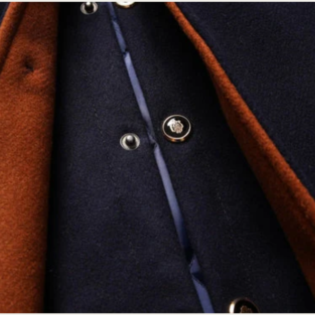 Close-up of Sterling coat button closure and plaid collar underlay