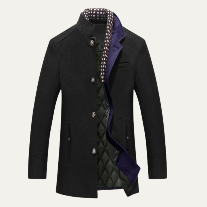 Sterling black stand collar wool coat with quilted lining, front view open