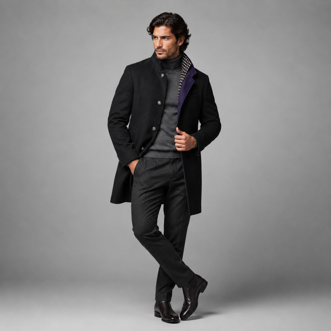 Man wearing Sterling black wool coat over gray turtleneck, full outfit