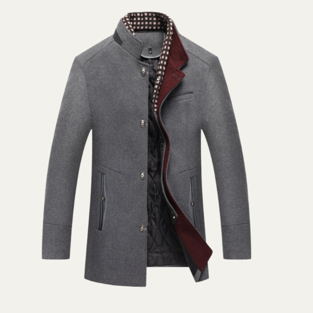 Sterling gray stand collar wool coat with burgundy quilted lining, front view open