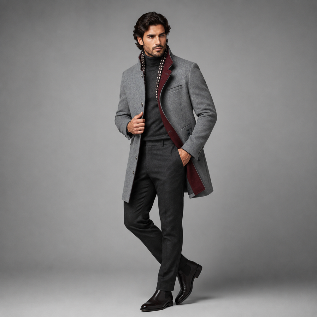 Man wearing Sterling gray wool coat over dark turtleneck, full outfit