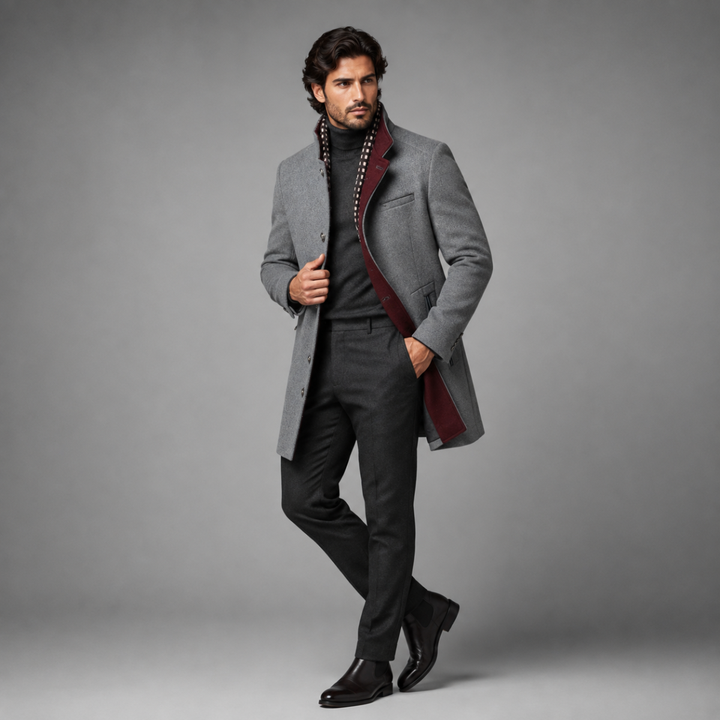 Man wearing Sterling gray wool coat over dark turtleneck, full outfit