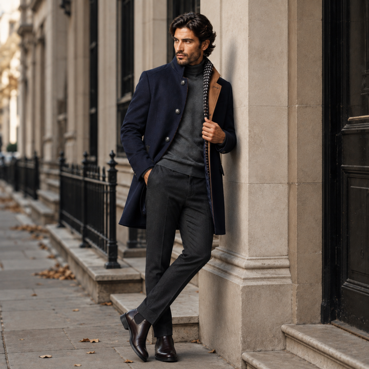 Man wearing Sterling navy wool coat leaning against building exterior