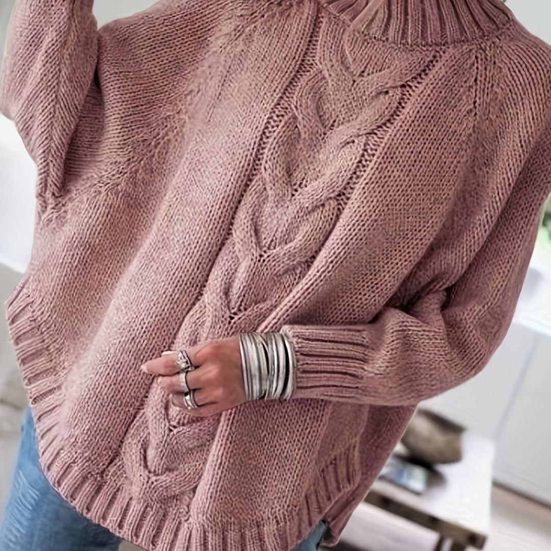Sylvie oversized cable-knit high-neck sweater in gray, back view