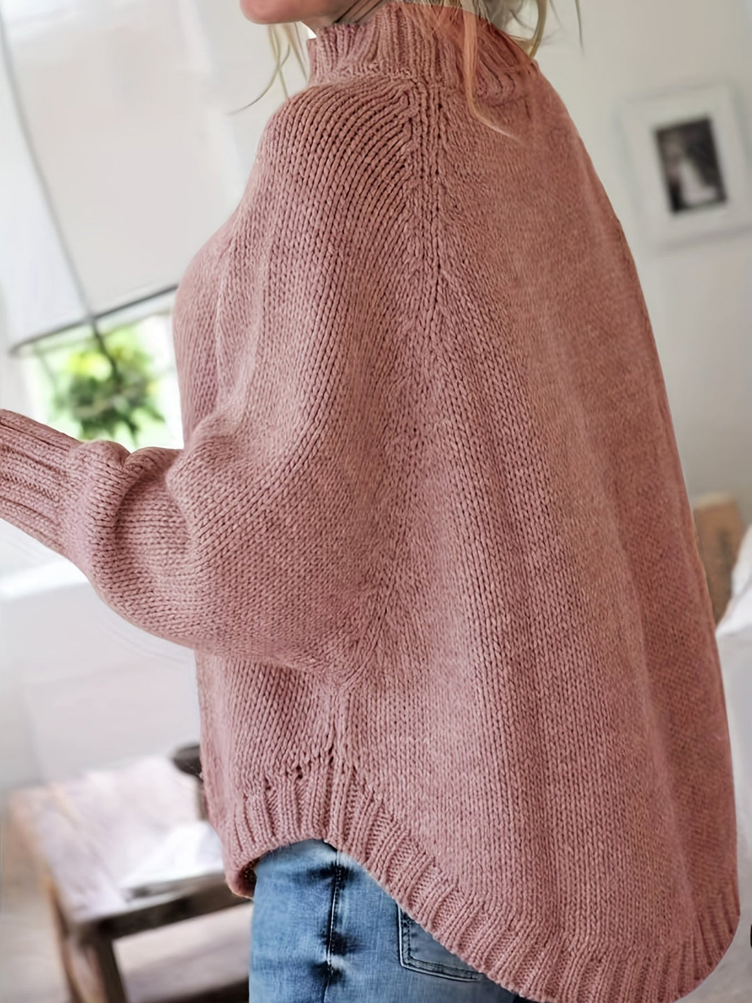 Sylvie oversized cable-knit high-neck sweater in gray, back view