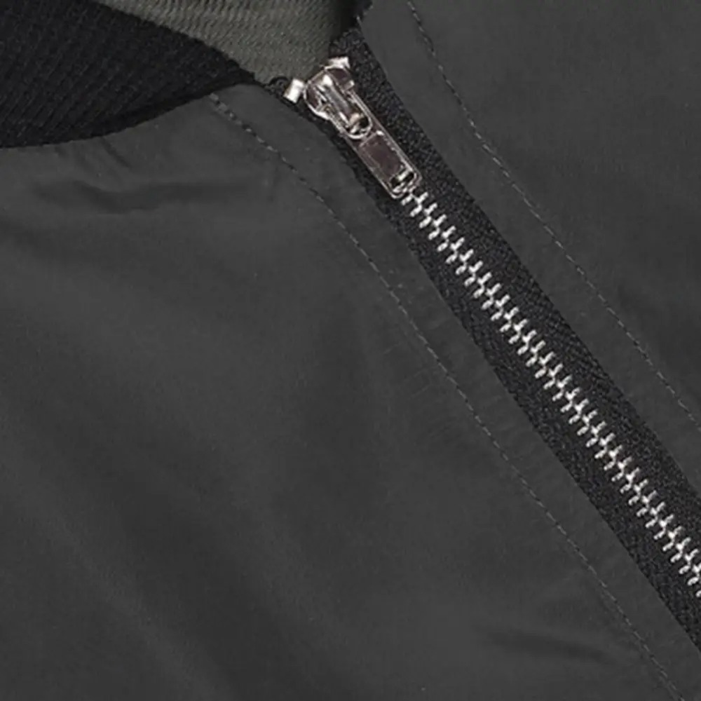 Close-up of front zipper and collar detail on Talulla bomber jacket