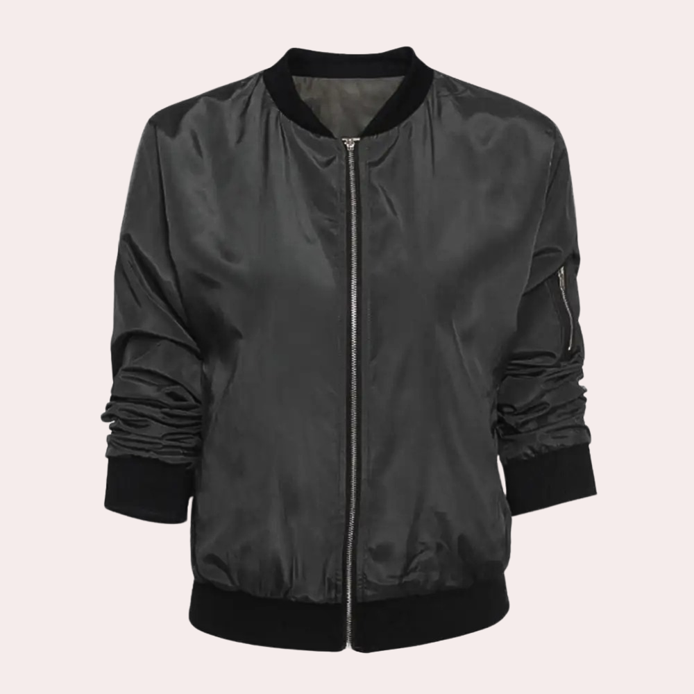 Close-up of front zipper and collar detail on Talulla bomber jacket