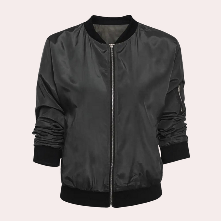 Close-up of front zipper and collar detail on Talulla bomber jacket
