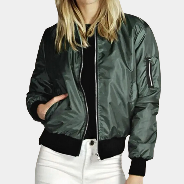 Close-up of front zipper and collar detail on Talulla bomber jacket