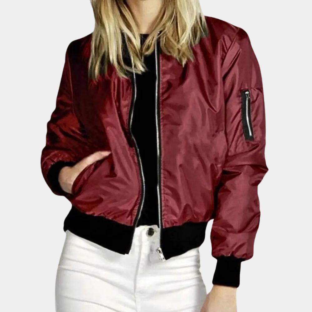 Close-up of front zipper and collar detail on Talulla bomber jacket