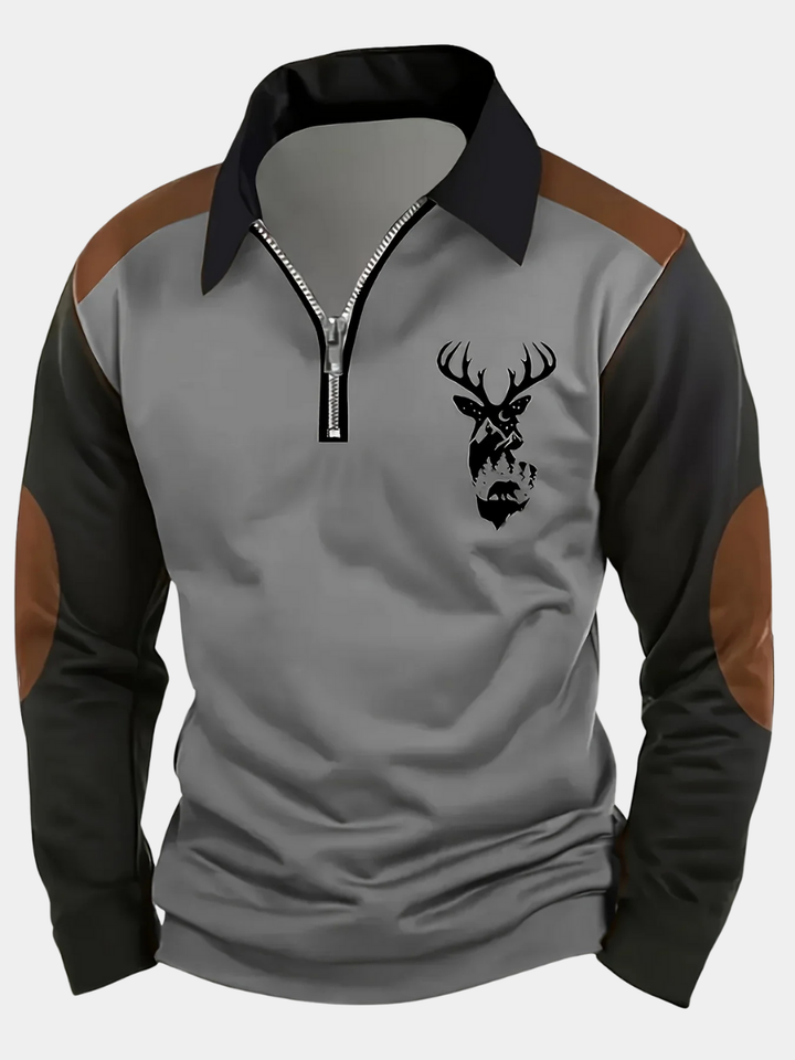 Thaddeus deer print quarter-zip colorblock polo, front view on gray