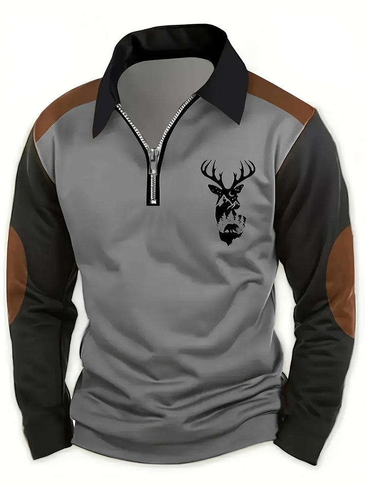 Thaddeus deer print quarter-zip colorblock polo, front view on charcoal gray