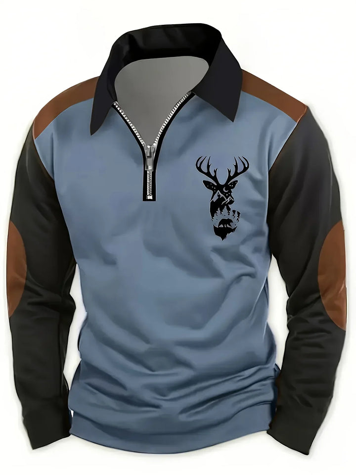 Thaddeus deer print quarter-zip colorblock polo, front view in blue