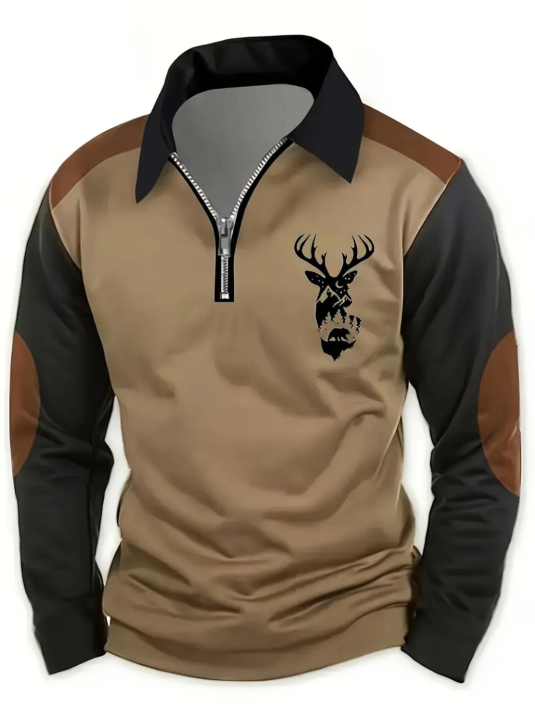 Thaddeus deer print quarter-zip colorblock polo, front view in khaki