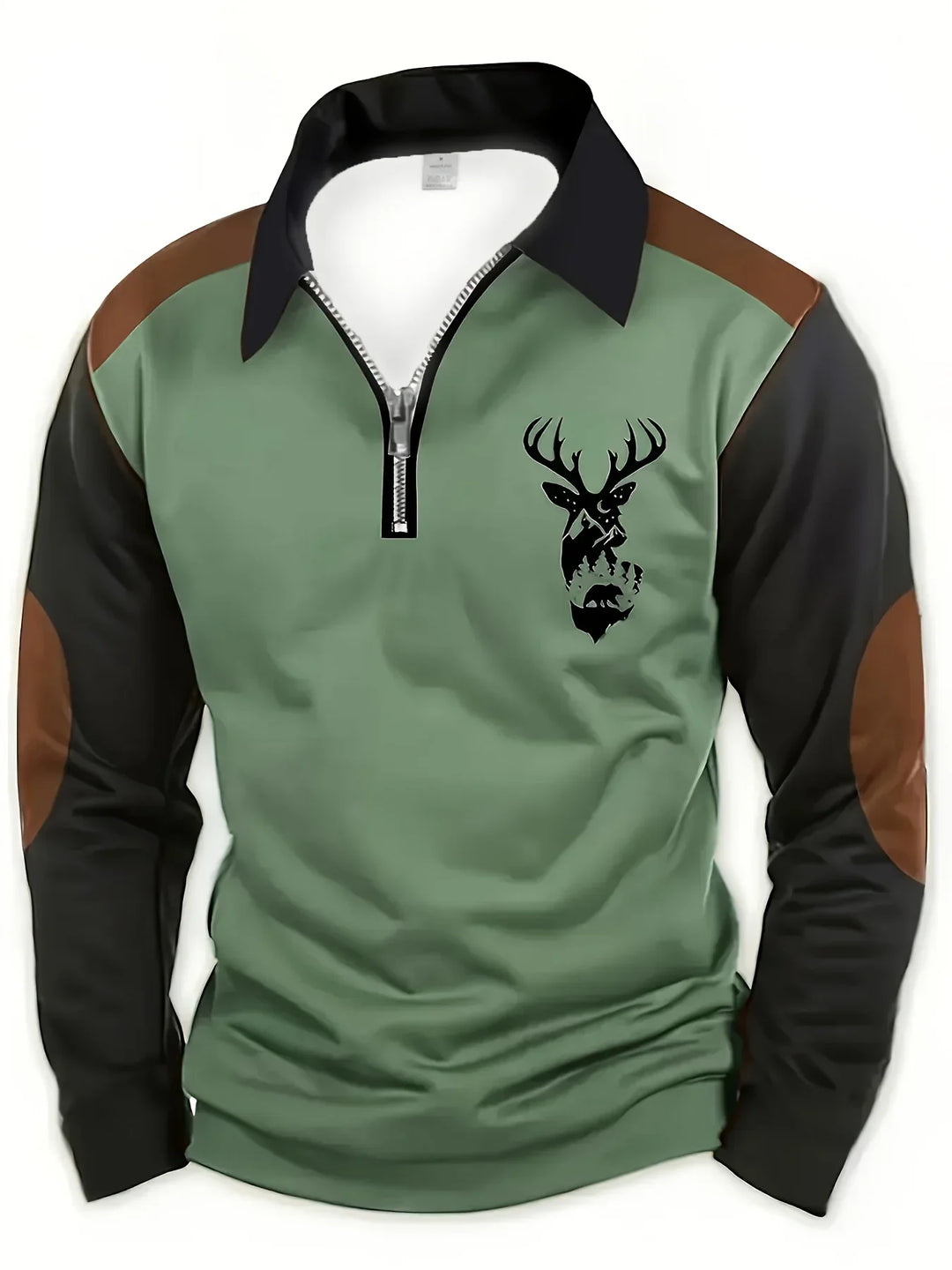 Thaddeus deer print quarter-zip colorblock polo, front view in sage green