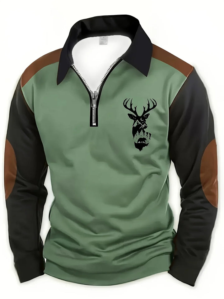 Thaddeus deer print quarter-zip colorblock polo, front view in sage green