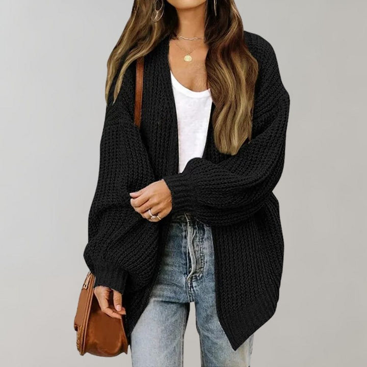 Thea black chunky knit open-front cardigan, front view