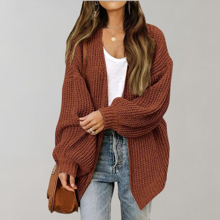 Thea rust chunky knit open-front cardigan, front view
