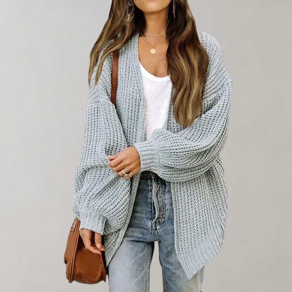 Thea grey chunky knit open-front cardigan, front view