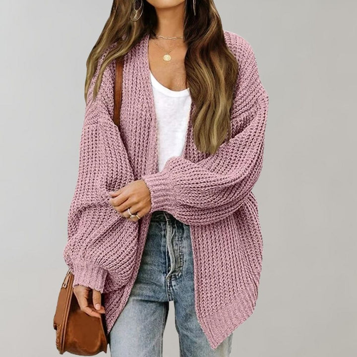 Thea pink chunky knit open-front cardigan, front view