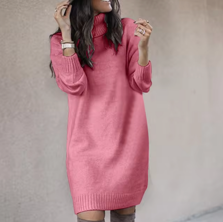 Theodora turtleneck long sleeve sweater dress in pink, front view