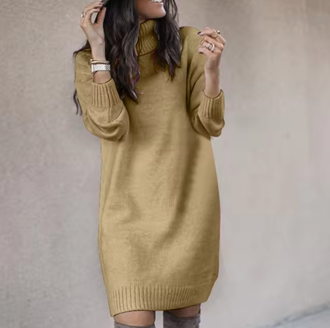 Theodora turtleneck long sleeve sweater dress in khaki, front view