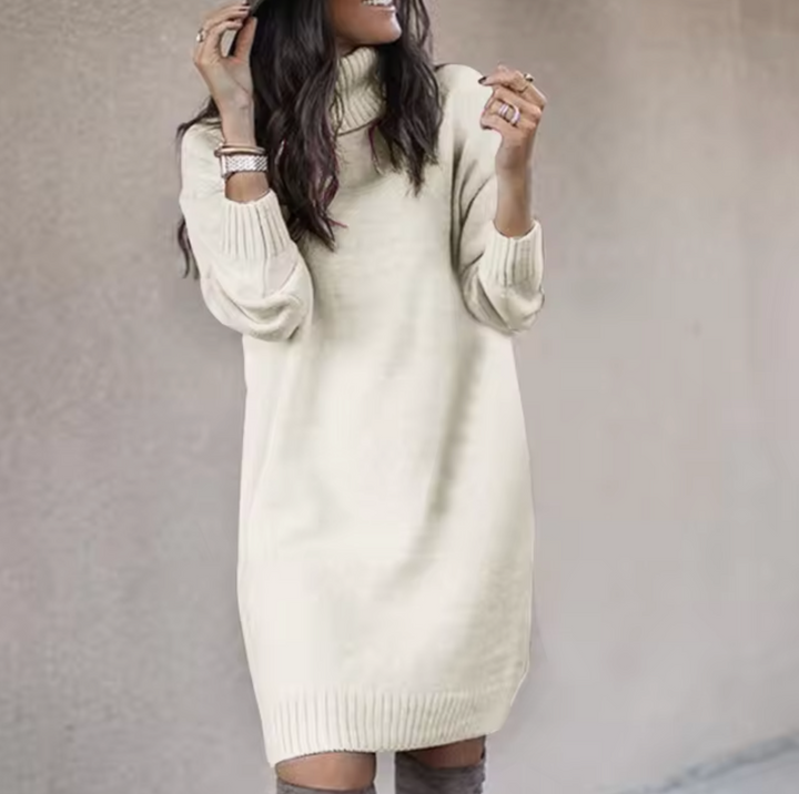 Theodora turtleneck long sleeve sweater dress in white, front view