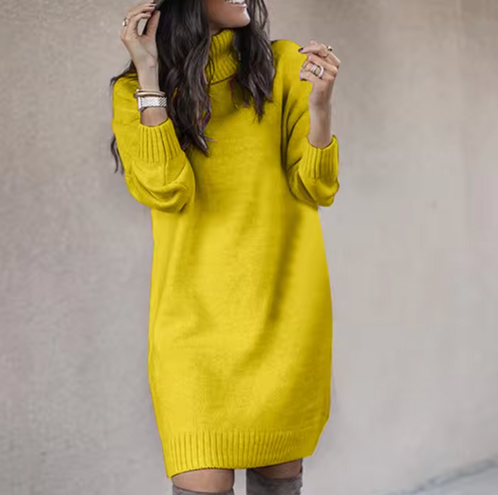 Theodora turtleneck long sleeve sweater dress in yellow, front view
