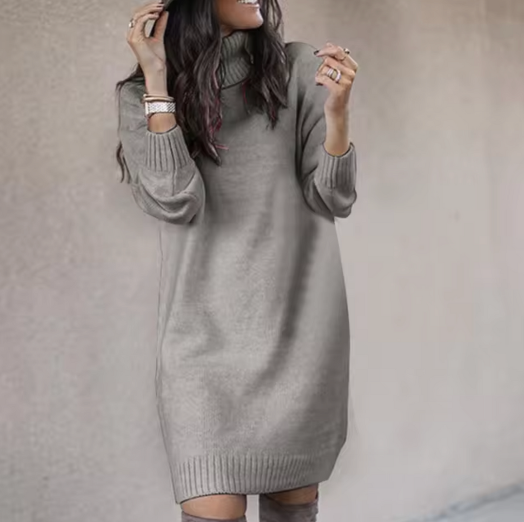 Theodora turtleneck long sleeve sweater dress in yellow, front view