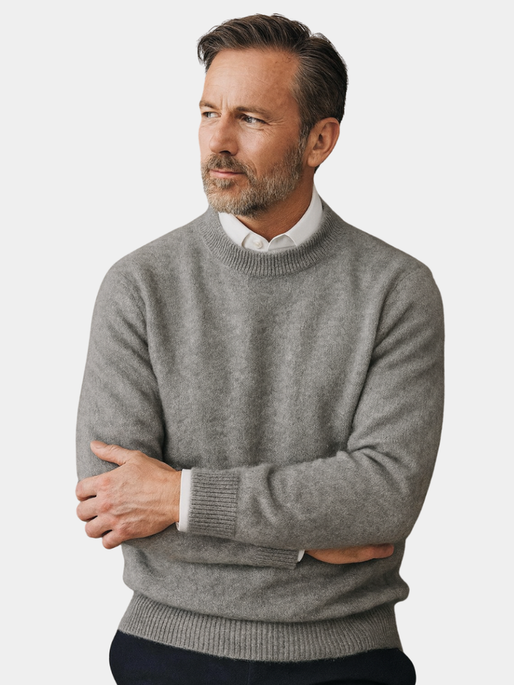 Theodore crew neck long sleeve sweater, front view with arms crossed