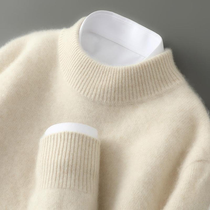 Close-up of Theodore sweater ribbed collar and cuff detail in beige
