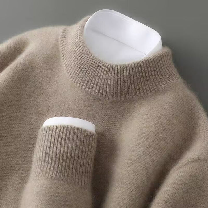 Close-up of Theodore sweater ribbed collar and cuff detail in taupe
