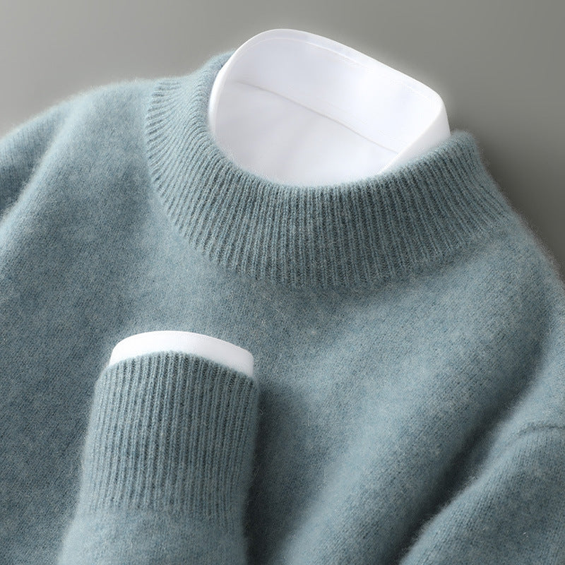 Close-up of Theodore sweater ribbed collar and cuff detail in sage green
