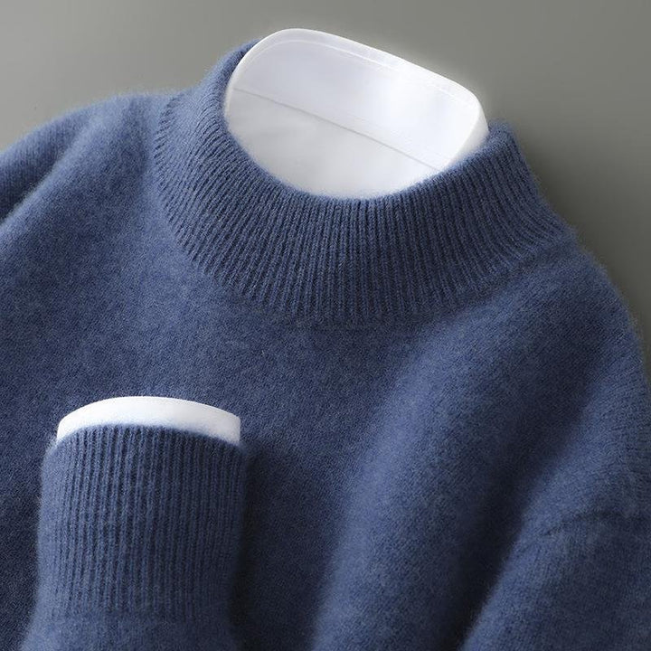 Close-up of Theodore sweater ribbed collar and cuff detail in blue