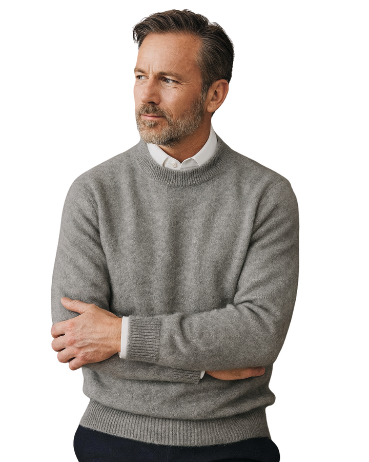 Theodore crew neck long sleeve sweater, front view close up