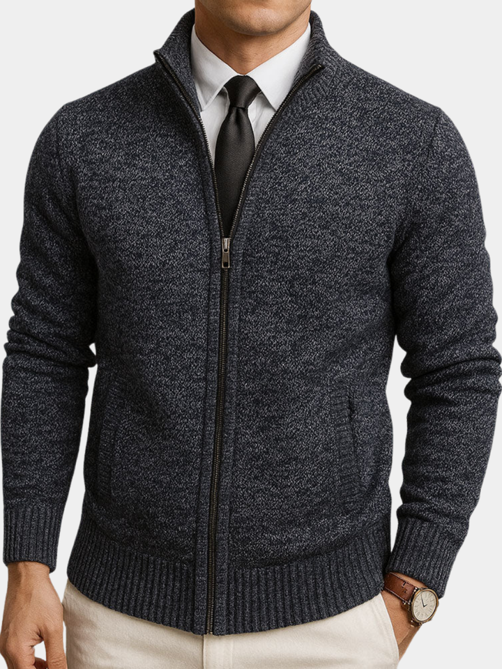 Theodore stand collar full zip knit cardigan in dark gray, front view close-up with white shirt and tie