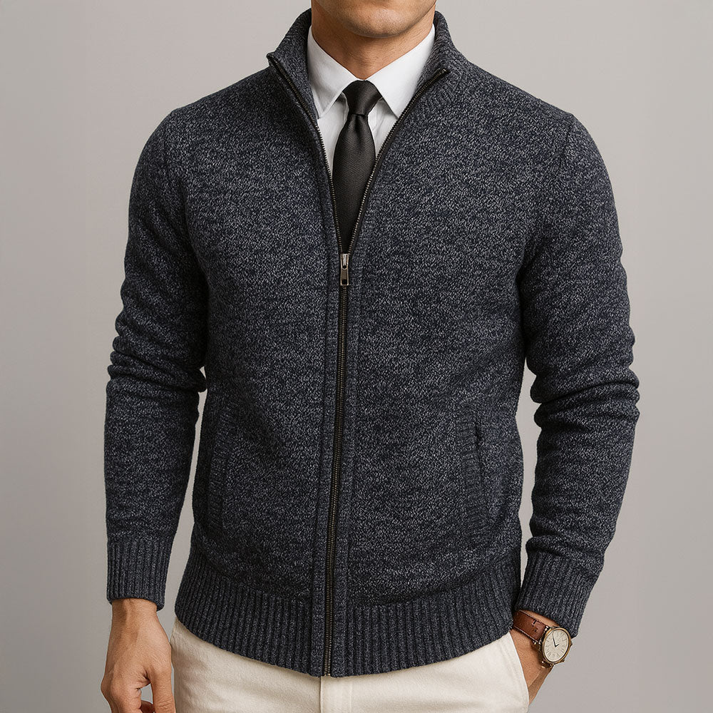 Theodore stand collar full zip knit cardigan in dark gray, front view with hands relaxed