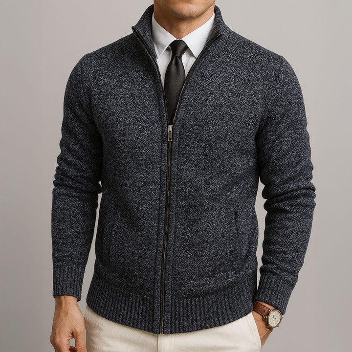 Theodore stand collar full zip knit cardigan in dark gray, front view with hands relaxed